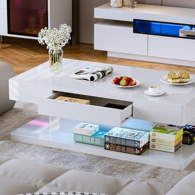 IKIFLY Modern LED Coffee Table with Drawer, White High Glossy Rectangle Coffee End Table with 16 Colors LED Lights for Living Room Bedroom