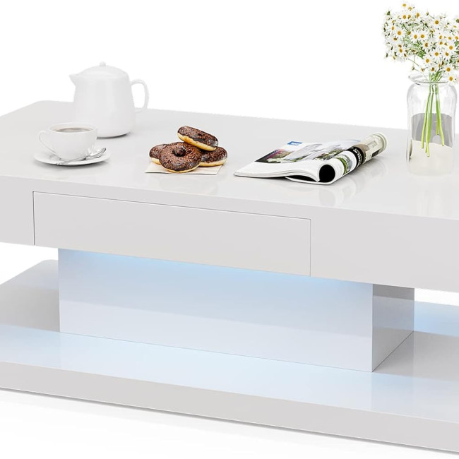 IKIFLY Modern LED Coffee Table with Drawer, White High Glossy Rectangle Coffee End Table with 16 Colors LED Lights for Living Room Bedroom
