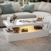 IKIFLY Modern LED Coffee Table with Drawer, White High Glossy Rectangle Coffee End Table with 16 Colors LED Lights for Living Room Bedroom