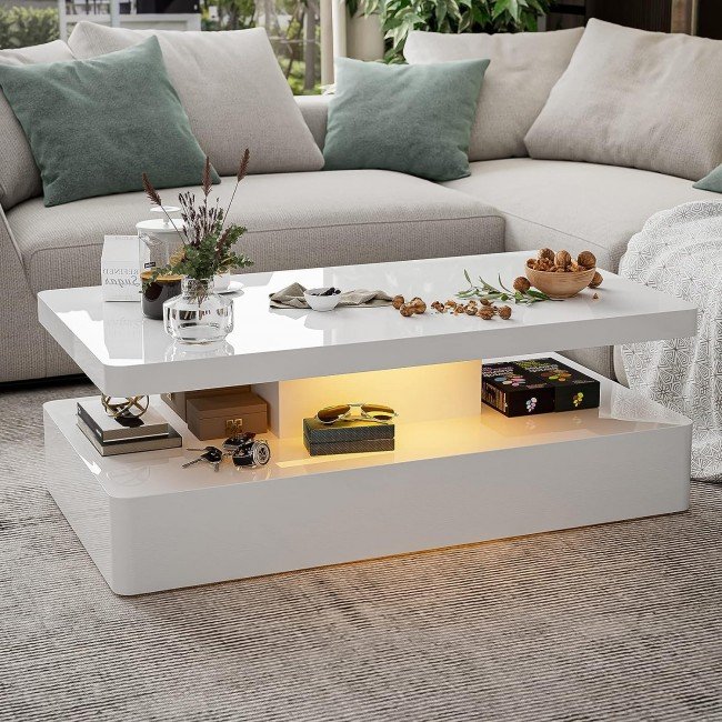 IKIFLY Modern LED Coffee Table with Drawer, White High Glossy Rectangle Coffee End Table with 16 Colors LED Lights for Living Room Bedroom