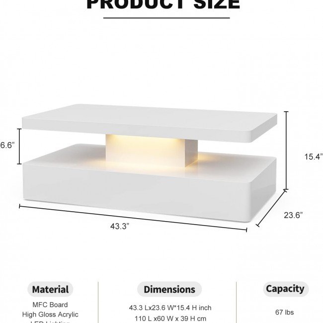 IKIFLY Modern LED Coffee Table with Drawer, White High Glossy Rectangle Coffee End Table with 16 Colors LED Lights for Living Room Bedroom IKIFLY Modern LED Coffee Table with Drawer, White High Glossy Rectangle Coffee End Table with 16 Colors LED Lights for Living Room Bedroom