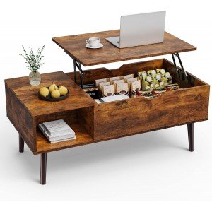 Lift Top Coffee Table, Low Coffee Table with Hidden Compartment and Storage Shelf, Rising Tabletop Tea Table Wood Coffee Tables for Living Room