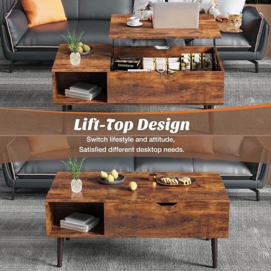 Lift Top Coffee Table, Low Coffee Table with Hidden Compartment and Storage Shelf, Rising Tabletop Tea Table Wood Coffee Tables for Living Room