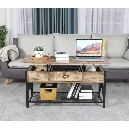 LUMAMU Rustic Lift Top Coffee Table with Storage, Rising and Lift up Wood Coffee Table, Lifting Storage Rising Dining Table for Living Room， Rustic Brown
