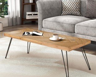 LUSPAZ Modern Wood Coffee Table, 1.9 "Thickness Coffee Table for Living Room Chevron Pattern & Metal Hairpin Legs