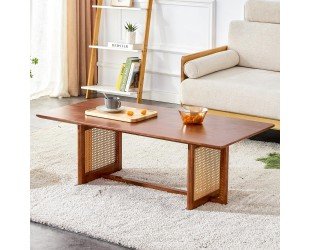 LUSPAZ Rattan Coffee Table Rectangular Solid Wood Coffee Table with Cross Table Legs for Living Room Furniture