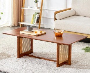 LUSPAZ Rattan Coffee Table Rectangular Solid Wood Coffee Table with Cross Table Legs for Living Room Furniture