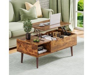 OLIXIS Modern Coffee Table Wooden Furniture with Lifting Tabletop, Storage Shelf and Hidden Compartment for Living Room Office, Rust Brown