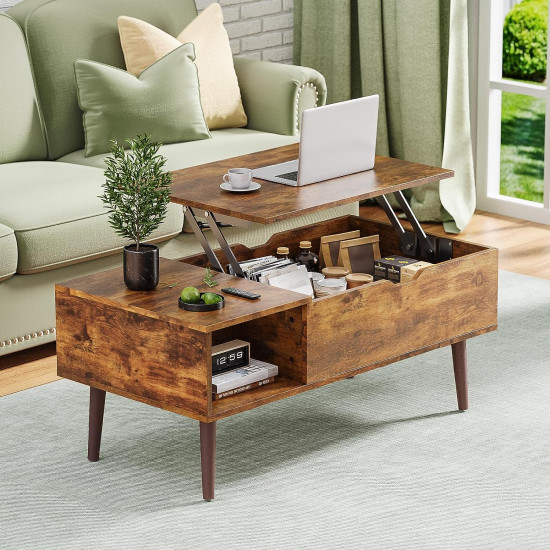 OLIXIS Modern Coffee Table Wooden Furniture with Lifting Tabletop, Storage Shelf and Hidden Compartment for Living Room Office, Rust Brown