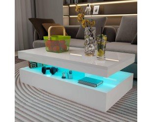 SUCXDZQ LED Coffee Table, Modern High Gloss Coffee Table with Remote Control, White Rectangular Coffee Table for Living Room