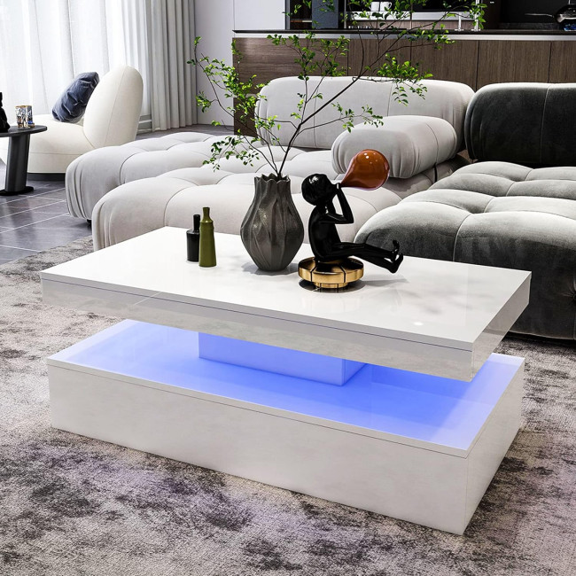 SUCXDZQ LED Coffee Table, Modern High Gloss Coffee Table with Remote Control, White Rectangular Coffee Table for Living Room