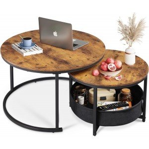 WLIVE Coffee Table Set of 2, 32in Round Nesting Table for Living Room,Small Circle Table with Storage for Small Space,Metal Frame and Fabric Basket, Home Office Bedroom, Rustic Brown