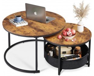 WLIVE Coffee Table Set of 2, 32in Round Nesting Table for Living Room,Small Circle Table with Storage for Small Space,Metal Frame and Fabric Basket, Home Office Bedroom, Rustic Brown