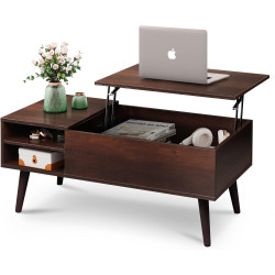 WLIVE Lift Top Coffee Table for Living Room,Small Coffee Table with Storage,Hidden Compartment and Adjustable Shelf,Mid Century Modern, Wood,Cherry,Espresso.