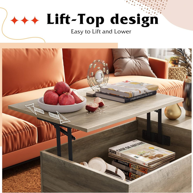 WLIVE Lift Top Coffee Table with Storage for Living Room,Small Hidden Compartment and Adjustable Shelf,Mid Century Modern ,Wood,Greige