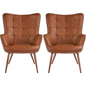 Yaheetech Accent Chair, PU Leather Vintage Armchairs, Mid Century High Back Sofa Chairs, Desk Chair with Arms Solid Wood Legs for Home Office/Living Room/Bedroom Brown, Set of 2