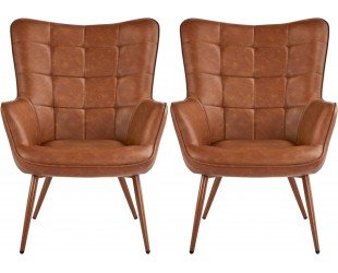 Yaheetech Accent Chair, PU Leather Vintage Armchairs, Mid Century High Back Sofa Chairs, Desk Chair with Arms Solid Wood Legs for Home Office/Living Room/Bedroom Brown, Set of 2