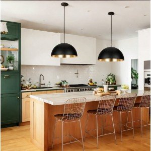 Set of 2 Dome Pendant Light Black With Brass or White Inlay, Large Black Bowl Pendant Light Lamp, Kitchen Island Farmhouse Hanging Light, - Letsgosale.com