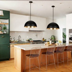 Set of 2 Dome Pendant Light Black With Brass or White Inlay, Large Black Bowl Pendant Light Lamp, Kitchen Island Farmhouse Hanging Light, - Letsgosale.com