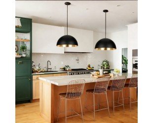 Set of 2 Dome Pendant Light Black With Brass or White Inlay, Large Black Bowl Pendant Light Lamp, Kitchen Island Farmhouse Hanging Light, - Letsgosale.com